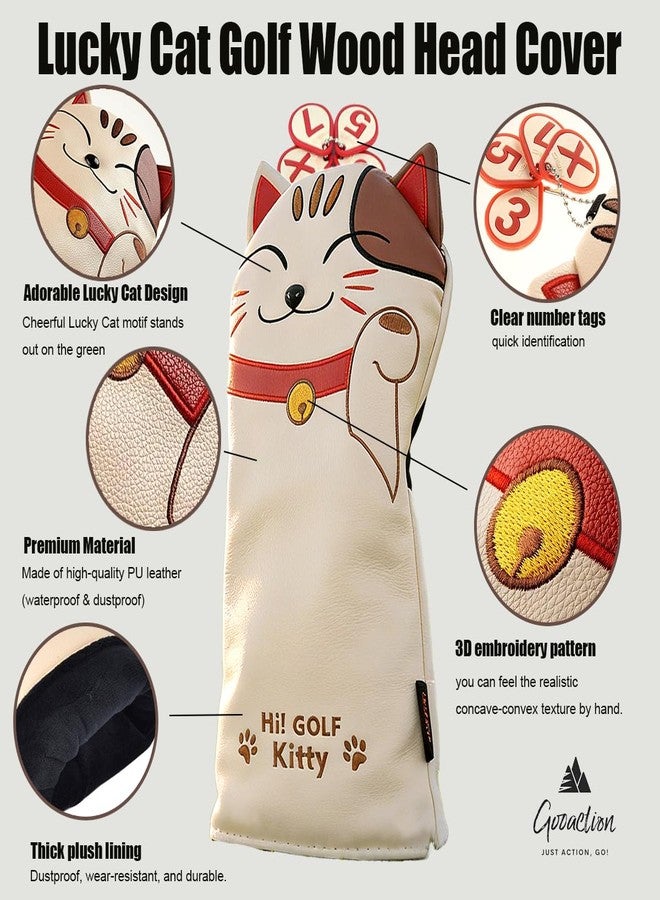 GOOACTION Lucky Cat Golf Hybrid Head Cover, Cartoon Kitten PU Leather Protector with Magnetic Closure, Fits 3/5/7/X Hybrid Clubs, Durable Fur Lining & 360° Protection - Image 2