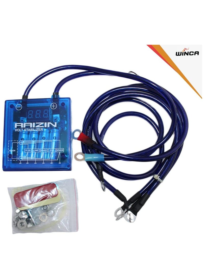 WINCA - Digital Voltage Stabilizer Car 12V Universal Voltage Regulator Stabilizer Kit with 3 Earth Ground Cables for Car Truck Color Blue - Image 1