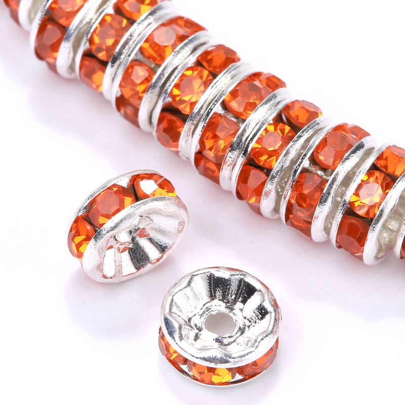 Weebee 100Pcs Rondelle Spacer Beads Crystal Charms Silver Plated Czech Rhinestone Loose Beads for Jewelry Making DIY Bracelets Orange 6mm