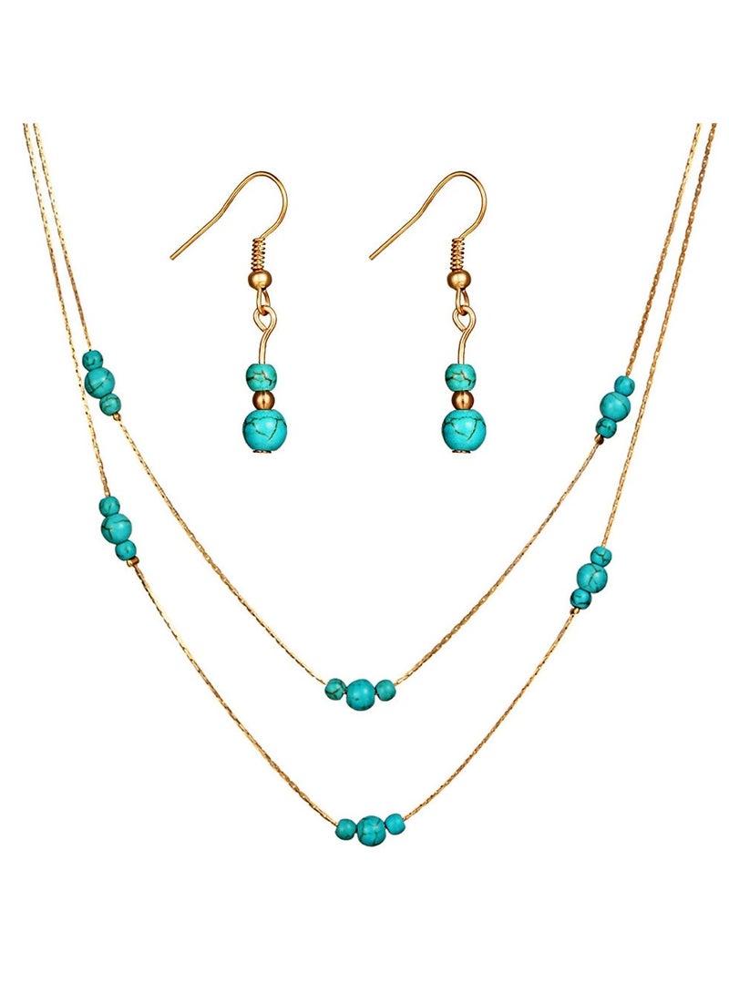 Goolsky مجموعة مجوهرات بوهيمية تركوازية للنساء – قلادة حجر كريم متعددة الطبقات وأقراط دائرية متدلية - Image 1