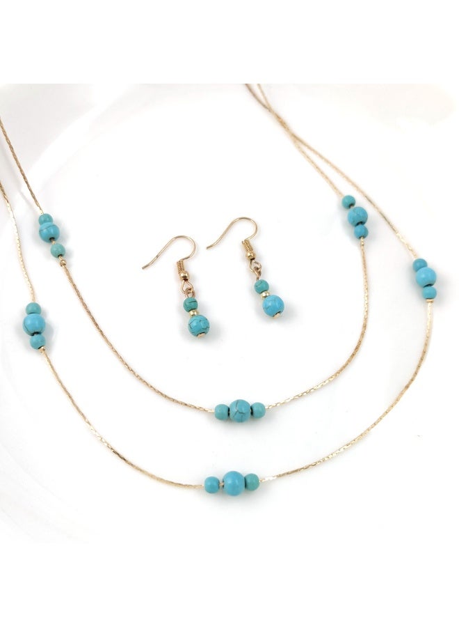 Goolsky مجموعة مجوهرات بوهيمية تركوازية للنساء – قلادة حجر كريم متعددة الطبقات وأقراط دائرية متدلية - Image 2