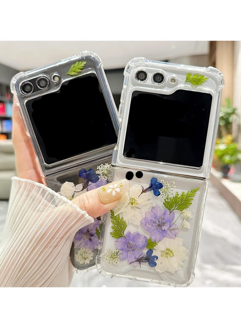 general For Samsung Galaxy Z Flip 6 5G Clear Glitter Floral Case, Cute Pressed Dried Real Flower Design Glitter White Flower Soft TPU Women's Girls Case - Image 2
