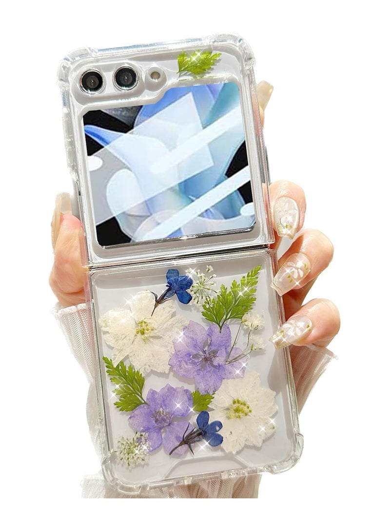 general For Samsung Galaxy Z Flip 6 5G Clear Glitter Floral Case, Cute Pressed Dried Real Flower Design Glitter White Flower Soft TPU Women's Girls Case - Image 1