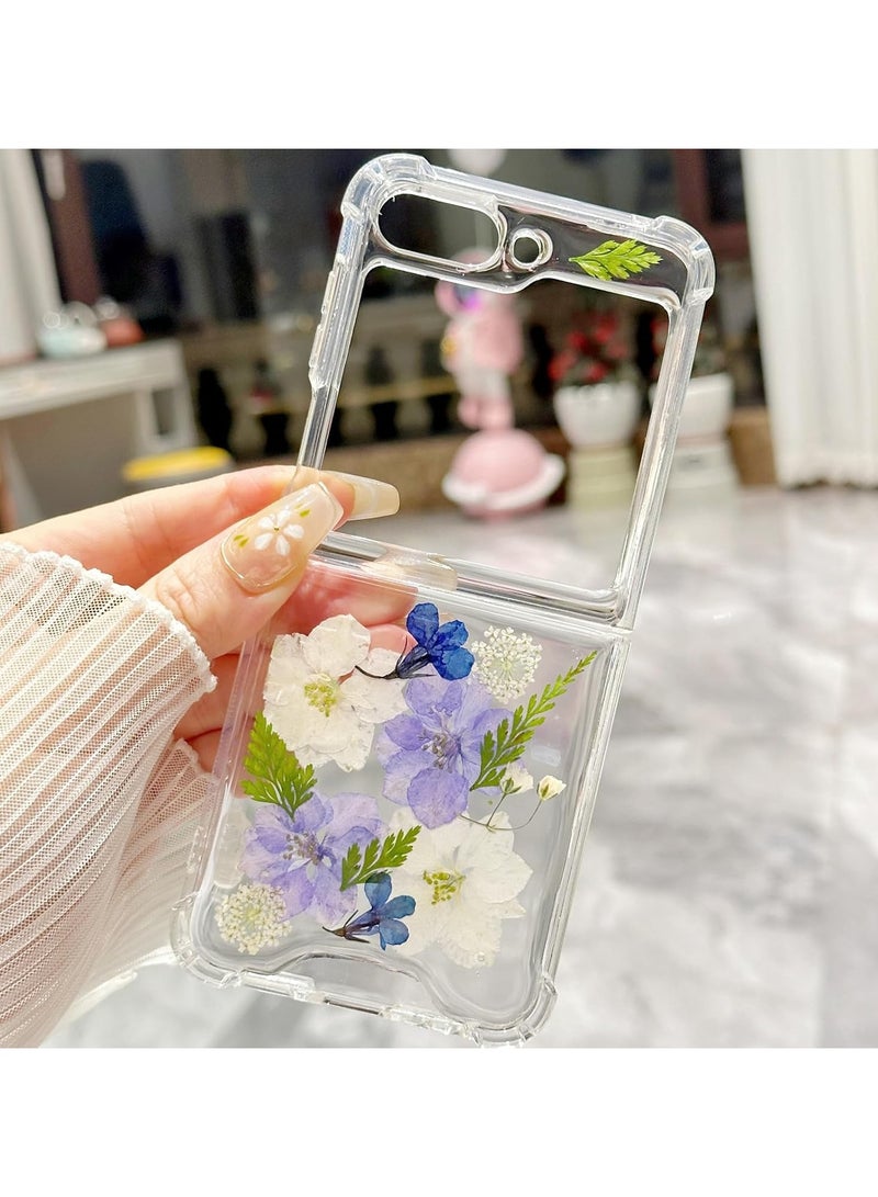 general For Samsung Galaxy Z Flip 6 5G Clear Glitter Floral Case, Cute Pressed Dried Real Flower Design Glitter White Flower Soft TPU Women's Girls Case - Image 5