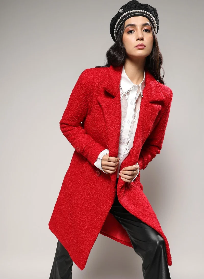 Campus Sutra Campus Sutra Women's Scarlet Red Double-Breasted Sherpa Long Coat For Casual Wear | Lapel Collar | Long Sleeve | Button Closure | Acrylic Long Coat Crafted With Comfort Fit For Everyday Wear