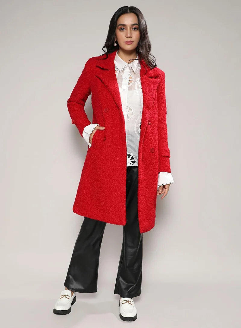 Campus Sutra Campus Sutra Women's Scarlet Red Double-Breasted Sherpa Long Coat For Casual Wear | Lapel Collar | Long Sleeve | Button Closure | Acrylic Long Coat Crafted With Comfort Fit For Everyday Wear