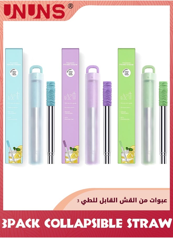 UNUNS - Metal Straws,3 Pack Reusable Collapsible Stainless Steel Straw,Portable Telescopic Straws Drinking Easy To Clean With Silicone Tips,Travel Case,Keychain,Cleaner Brush - Image 1