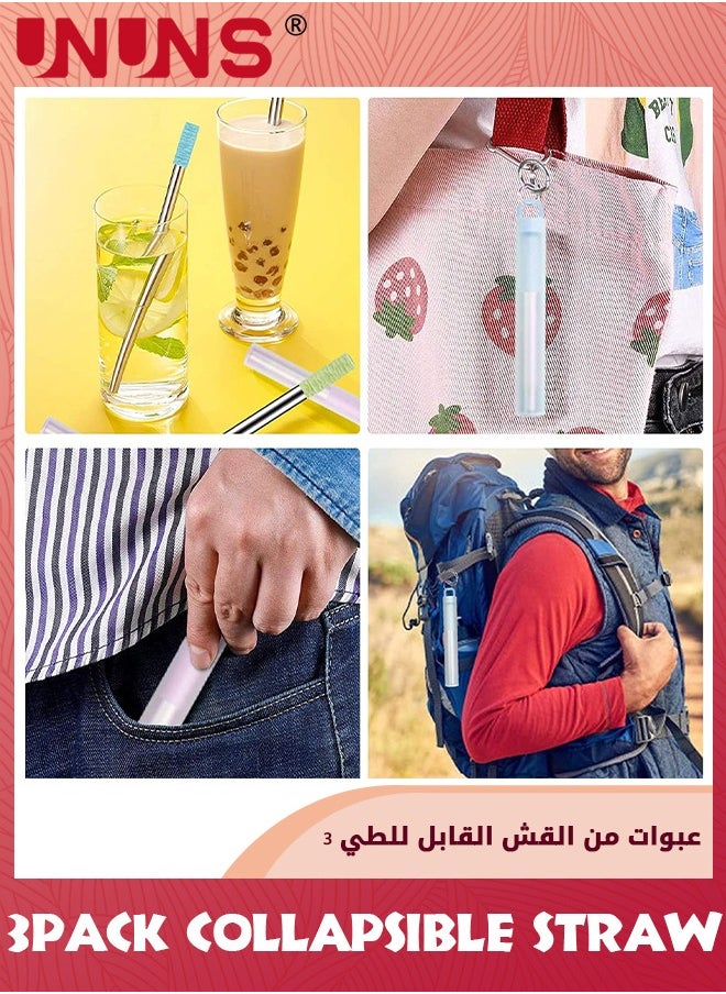 UNUNS - Metal Straws,3 Pack Reusable Collapsible Stainless Steel Straw,Portable Telescopic Straws Drinking Easy To Clean With Silicone Tips,Travel Case,Keychain,Cleaner Brush - Image 1