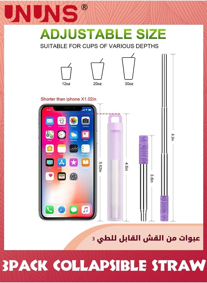 UNUNS - Metal Straws,3 Pack Reusable Collapsible Stainless Steel Straw,Portable Telescopic Straws Drinking Easy To Clean With Silicone Tips,Travel Case,Keychain,Cleaner Brush - Image 1