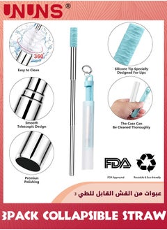 UNUNS Metal Straws,3 Pack Reusable Collapsible Stainless Steel Straw,Portable Telescopic Straws Drinking Easy To Clean With Silicone Tips,Travel Case,Keychain,Cleaner Brush  - Image 5