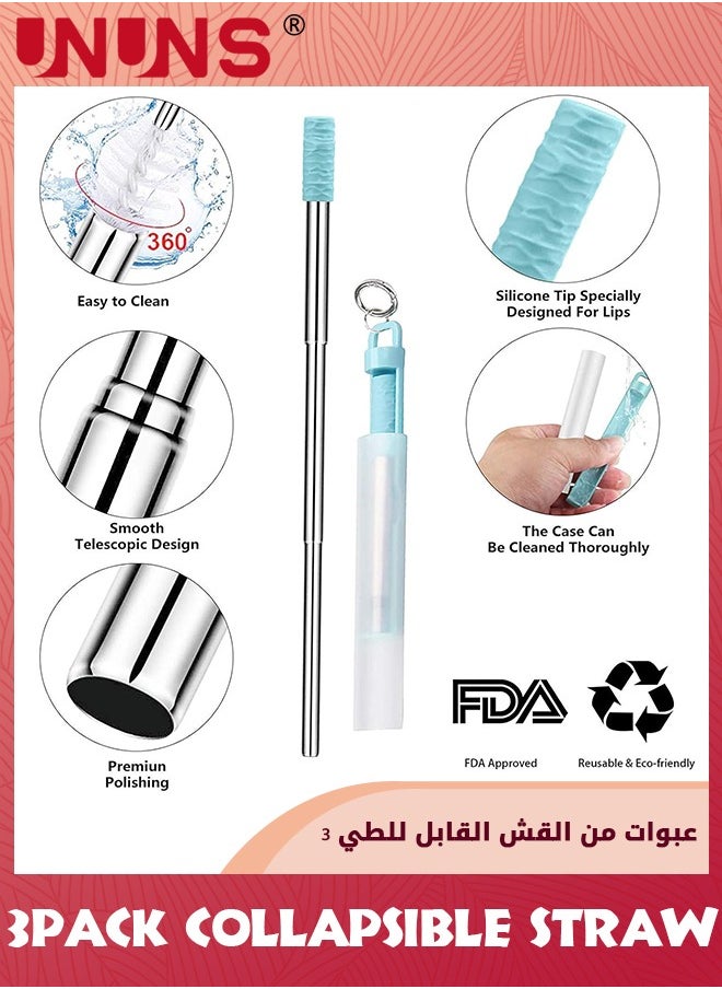 UNUNS - Metal Straws,3 Pack Reusable Collapsible Stainless Steel Straw,Portable Telescopic Straws Drinking Easy To Clean With Silicone Tips,Travel Case,Keychain,Cleaner Brush - Image 1