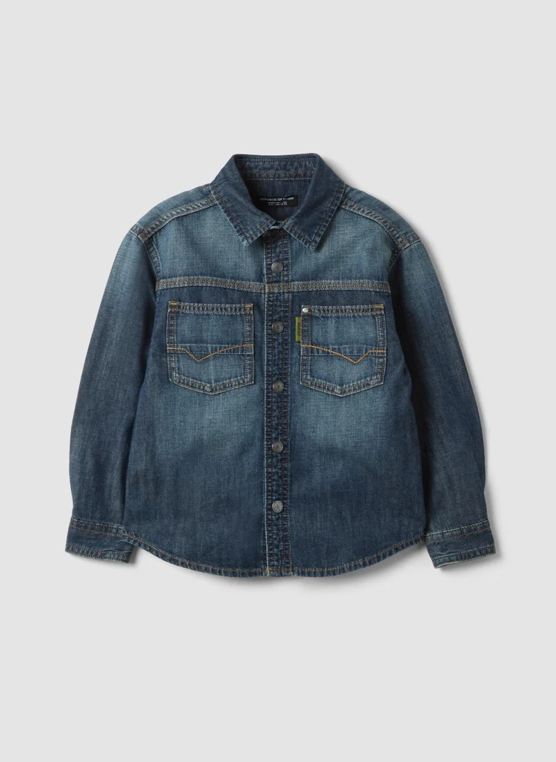 او في اس OVS Blue pure cotton shirt with classic collar for boys