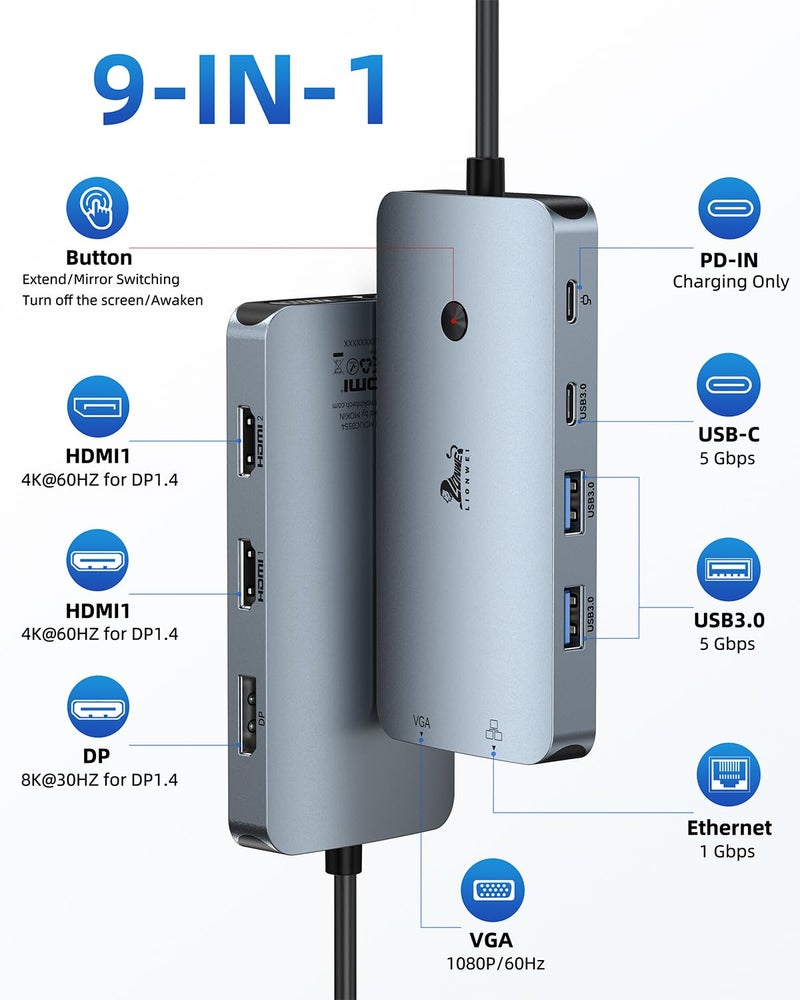 LIONWEI Laptop Docking Station 4 Monitors, 9 in 1, Dual HDMI+DP+VGA, 100W PD, 5Gbps, 3 USB C/A Ports, Ethernet, LIONWEI Docking Station Dual Monitor, USB C Hub for Dell/HP/Surface/MacBook - Image 2