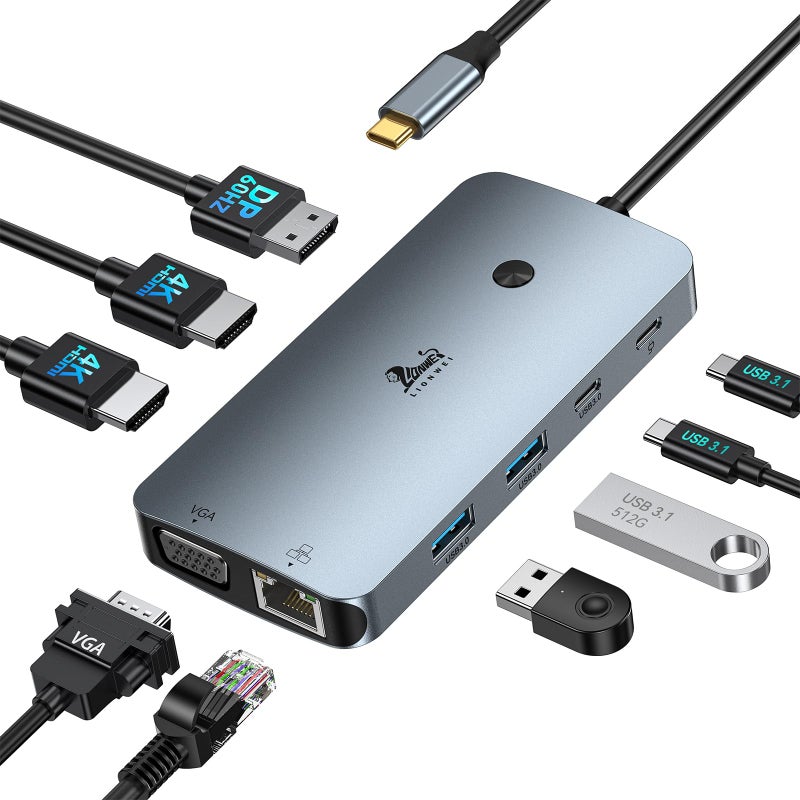 LIONWEI Laptop Docking Station 4 Monitors, 9 in 1, Dual HDMI+DP+VGA, 100W PD, 5Gbps, 3 USB C/A Ports, Ethernet, LIONWEI Docking Station Dual Monitor, USB C Hub for Dell/HP/Surface/MacBook - Image 1