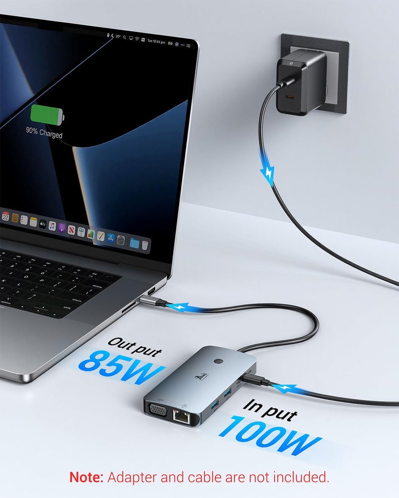 LIONWEI Laptop Docking Station 4 Monitors, 9 in 1, Dual HDMI+DP+VGA, 100W PD, 5Gbps, 3 USB C/A Ports, Ethernet, LIONWEI Docking Station Dual Monitor, USB C Hub for Dell/HP/Surface/MacBook - Image 5