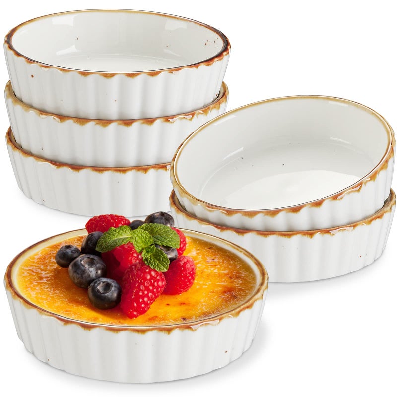 ONEMORE Ramekins 4 oz - Oven Safe Shallow Ramekins with Brown Rim for Creme Brulee - Speckled, Fluted, Set of 6 - Image 1