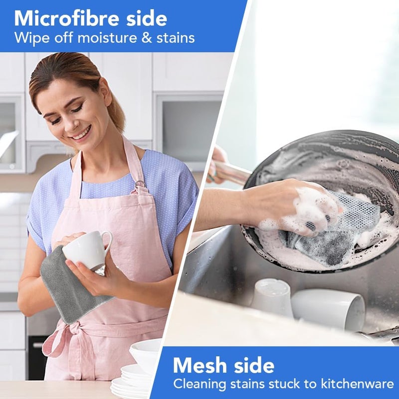 VIVOTE Microfibre Dishcloths Washable Dishcloths Tableware Towels With Poly Mesh Side Scrubbing Kitchen Towels for Home, 8 Pieces, 20cm x 20cm (Green+Aqua Blue+White+Grey - Image 2