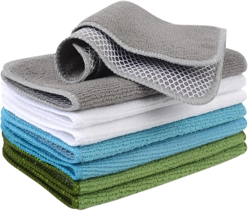 VIVOTE Microfibre Dishcloths Washable Dishcloths Tableware Towels With Poly Mesh Side Scrubbing Kitchen Towels for Home, 8 Pieces, 20cm x 20cm (Green+Aqua Blue+White+Grey - Image 1