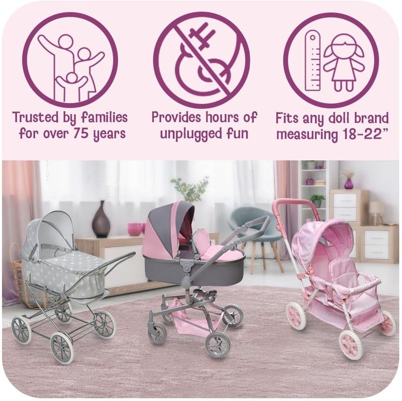 Badger Basket عربة دمى مزدوجة - عربة لدمية الأطفال مع مقاعد قابلة للتعديل وسلة تخزين - تناسب الدمى حتى 20 بوصة - الأفضل للعب التظاهر للأطفال من عمر 3 سنوات وما فوق - وردي/رمادي - Image 3