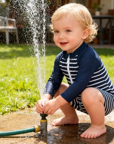 uideazone 6-12 Months Baby Boys Swimsuit Navy Blue Striped Long Sleeve Sunsuit One Piece Rash Guard Swimwear Swim Suit - Image 2