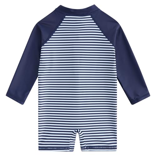 uideazone 6-12 Months Baby Boys Swimsuit Navy Blue Striped Long Sleeve Sunsuit One Piece Rash Guard Swimwear Swim Suit - Image 4