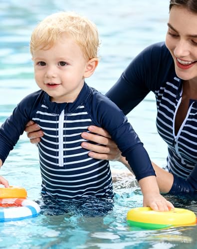 uideazone 6-12 Months Baby Boys Swimsuit Navy Blue Striped Long Sleeve Sunsuit One Piece Rash Guard Swimwear Swim Suit - Image 3