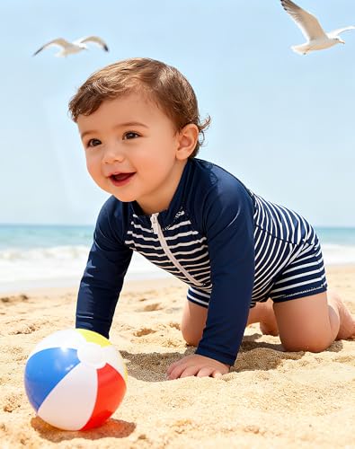 uideazone 6-12 Months Baby Boys Swimsuit Navy Blue Striped Long Sleeve Sunsuit One Piece Rash Guard Swimwear Swim Suit - Image 5