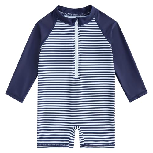 uideazone 6-12 Months Baby Boys Swimsuit Navy Blue Striped Long Sleeve Sunsuit One Piece Rash Guard Swimwear Swim Suit - Image 1