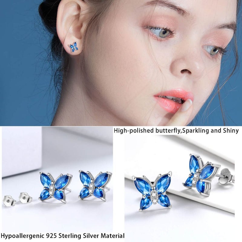 Juwaliy September Birthstone Stud Earrings Sapphire Butterfly Earrings Blue 925 Sterling Silver Jewelry Women Christmas Valentines Mother's Day Gift - Image 2