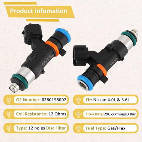 Pjvmvo 0280158007 OE 4.0L Performance Fuel Injectors,Compatible with/Nissan 4.0 Xterra Frontier,Compatible with/Nissan 5.6L Armada Pathfinder Titan 2006 2007 2008 2009 2010 2012 2013 |12 Holes| |Set of 6| - Image 3