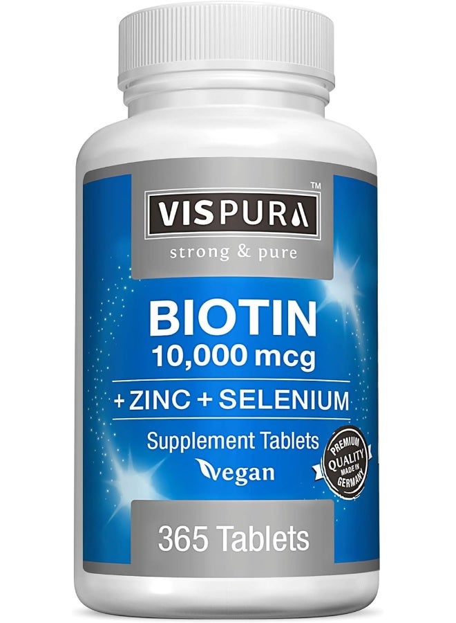 VISPURA Biotin 10000 mcg Vitamin + Zinc + Selenium, Best Supplement for Hair Growth, Glowing Skin, Strong Nails*, 365 Tablets - Image 1