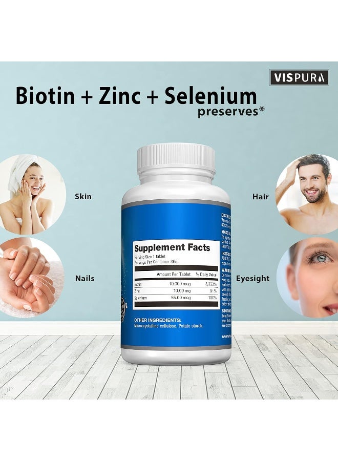 VISPURA Biotin 10000 mcg Vitamin + Zinc + Selenium, Best Supplement for Hair Growth, Glowing Skin, Strong Nails*, 365 Tablets - Image 4