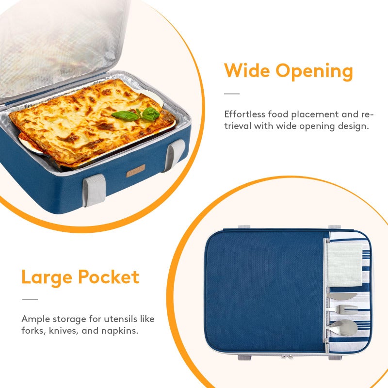 LUNCIA Insulated Single Decker Casserole Carrier, Lasagna Lugger Tote Keeps Food Hot or Cold, Thermal Lunch Bag for Potluck Parties, Picnic and Cookouts, Fits 9" x 13" Baking Dish, Dark Blue - Image 5