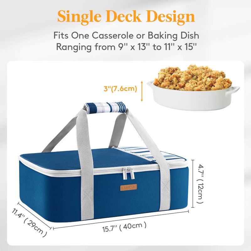 LUNCIA Insulated Single Decker Casserole Carrier, Lasagna Lugger Tote Keeps Food Hot or Cold, Thermal Lunch Bag for Potluck Parties, Picnic and Cookouts, Fits 9" x 13" Baking Dish, Dark Blue - Image 2