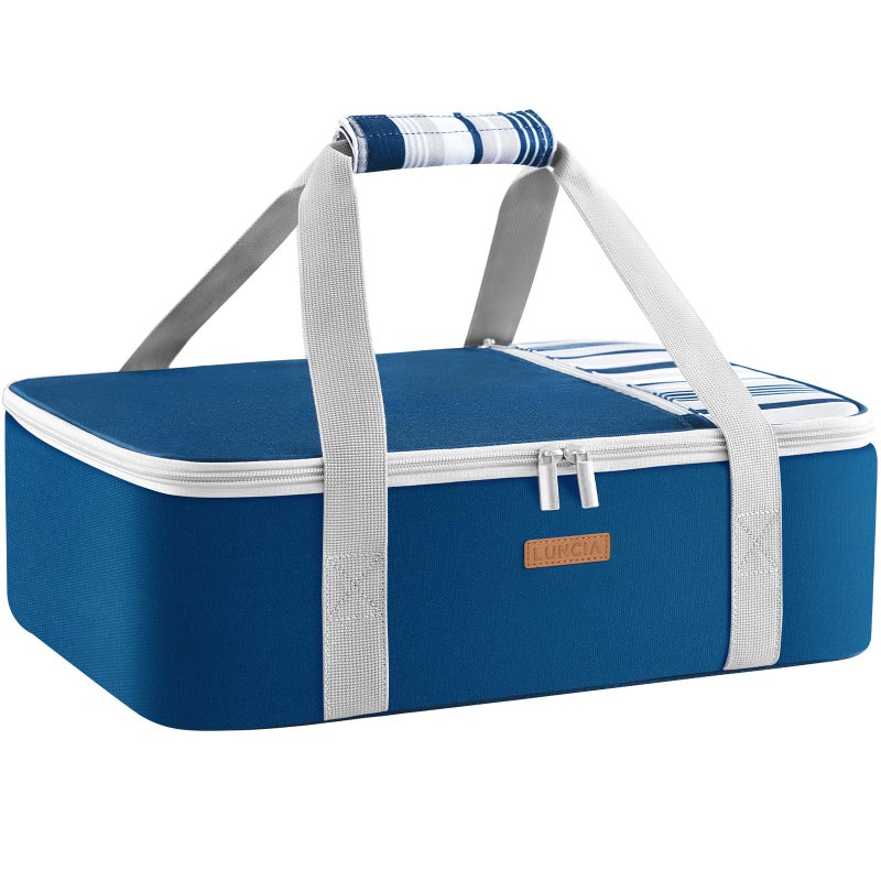 LUNCIA Insulated Single Decker Casserole Carrier, Lasagna Lugger Tote Keeps Food Hot or Cold, Thermal Lunch Bag for Potluck Parties, Picnic and Cookouts, Fits 9" x 13" Baking Dish, Dark Blue - Image 1