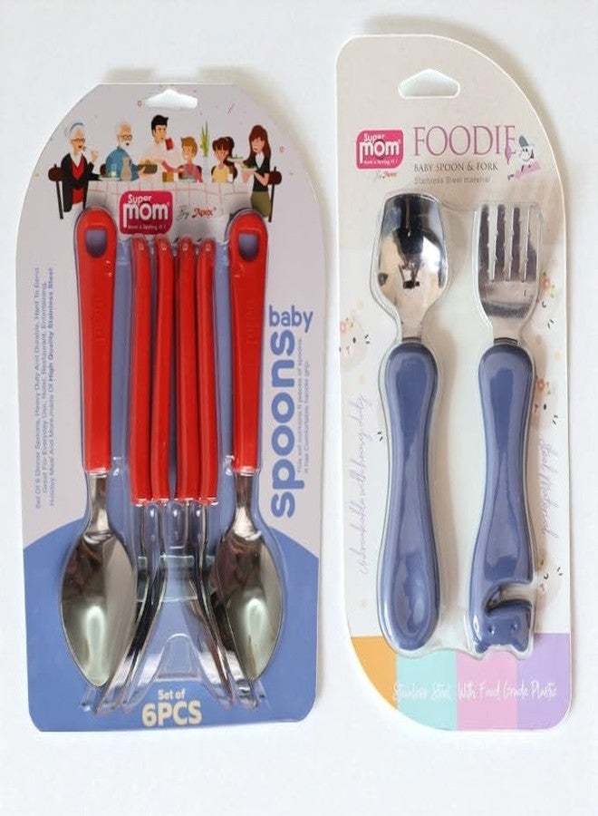 SUPERMOM Cutlery Set – Combo of Baby Feeding Spoon Set (6 Pc) & Foodie Stainless Steel Spoon and Fork Set (2 Pc) Safe, Durable & Lightweight Feeding Utensils for Babies and Kids (Pack of 8) - Image 5