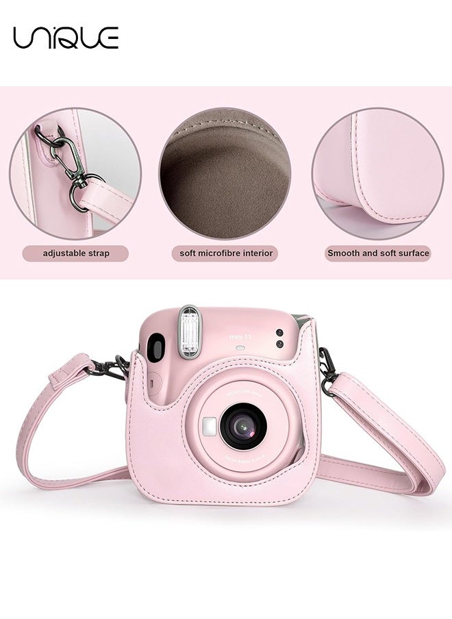 Unique - Camera Case Compatible with Instax Mini 12, Protective Case PU Leather Bag with Pocket and Adjustable Shoulder Strap (Pink) - Image 1
