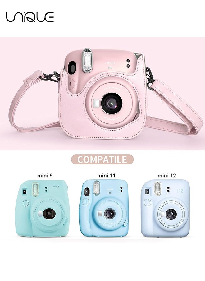 Unique - Camera Case Compatible with Instax Mini 12, Protective Case PU Leather Bag with Pocket and Adjustable Shoulder Strap (Pink) - Image 1