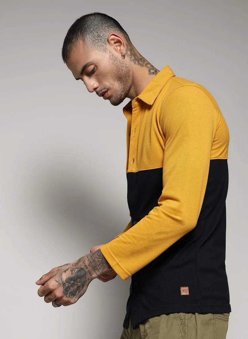 Campus Sutra Men's Navy Blue & Mustard Yellow Contrast Panel Shirt