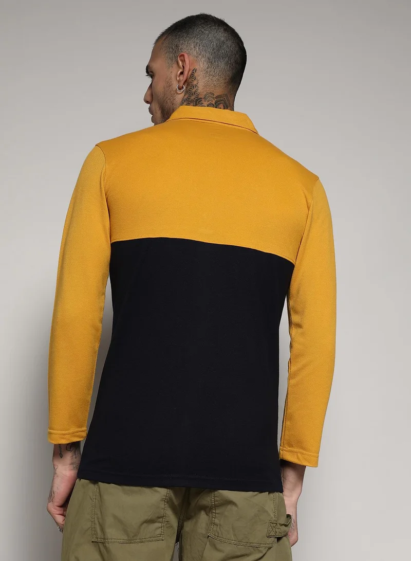Campus Sutra Men's Navy Blue & Mustard Yellow Contrast Panel Shirt