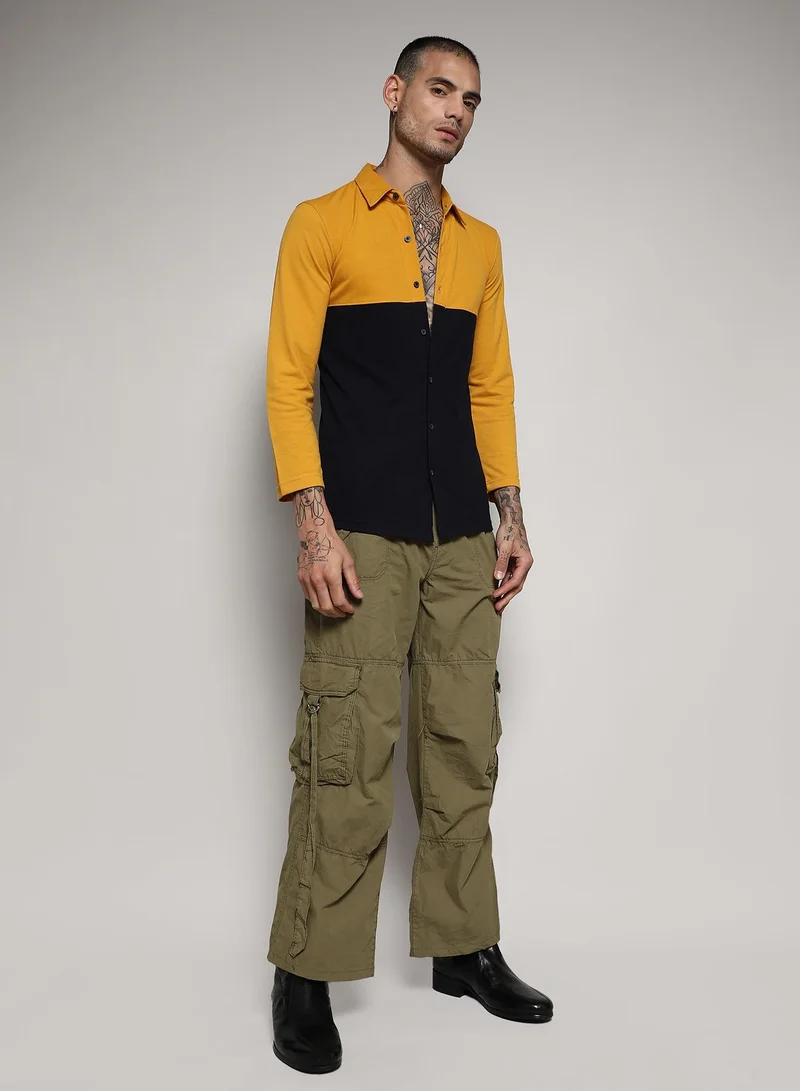 Campus Sutra Men's Navy Blue & Mustard Yellow Contrast Panel Shirt