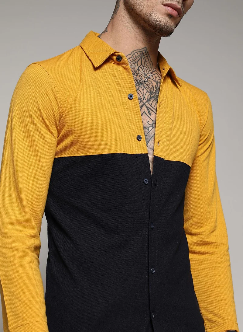 Campus Sutra Men's Navy Blue & Mustard Yellow Contrast Panel Shirt