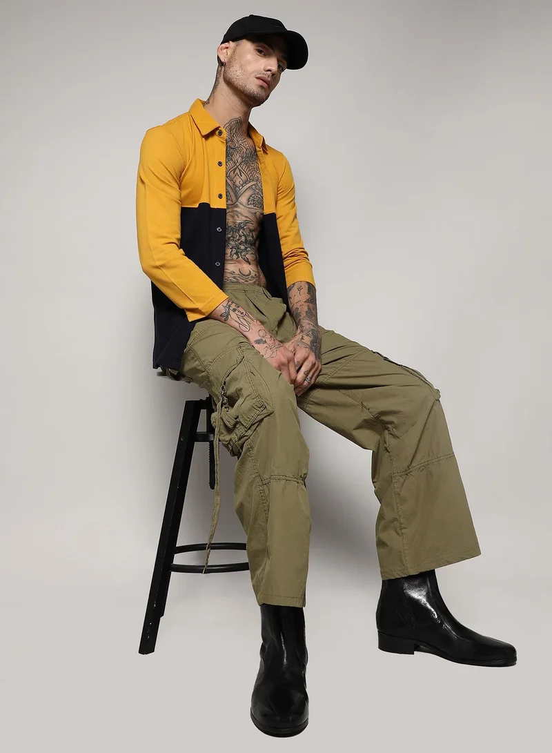 Campus Sutra Men's Navy Blue & Mustard Yellow Contrast Panel Shirt
