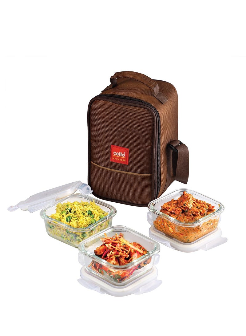 Cello Cello MF glassy seal O fresh glass lunch box set of three square containers, 350ml each with jacket  - Image 1