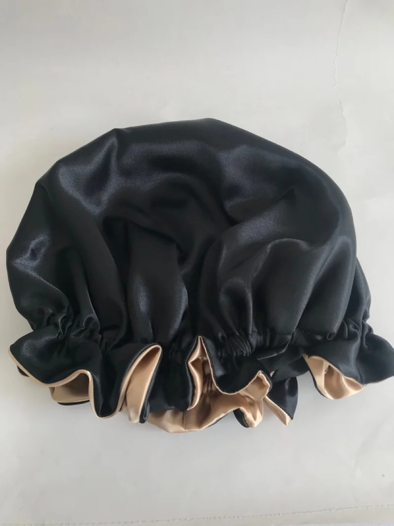 Pratik Dikisco Practical Dikisco Double Sided Black Beige Satin Hair Cap / Beret for Curly Hair