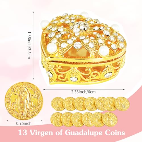 LAIAMER Wedding Arras Coins Set - Arras Para Boda Catolica, Arras De Boda Cristiana, Gold Heart Shaped Box with 13 Virgen of Guadalupe Coins Wedding Accessories for Ceremony - Image 2