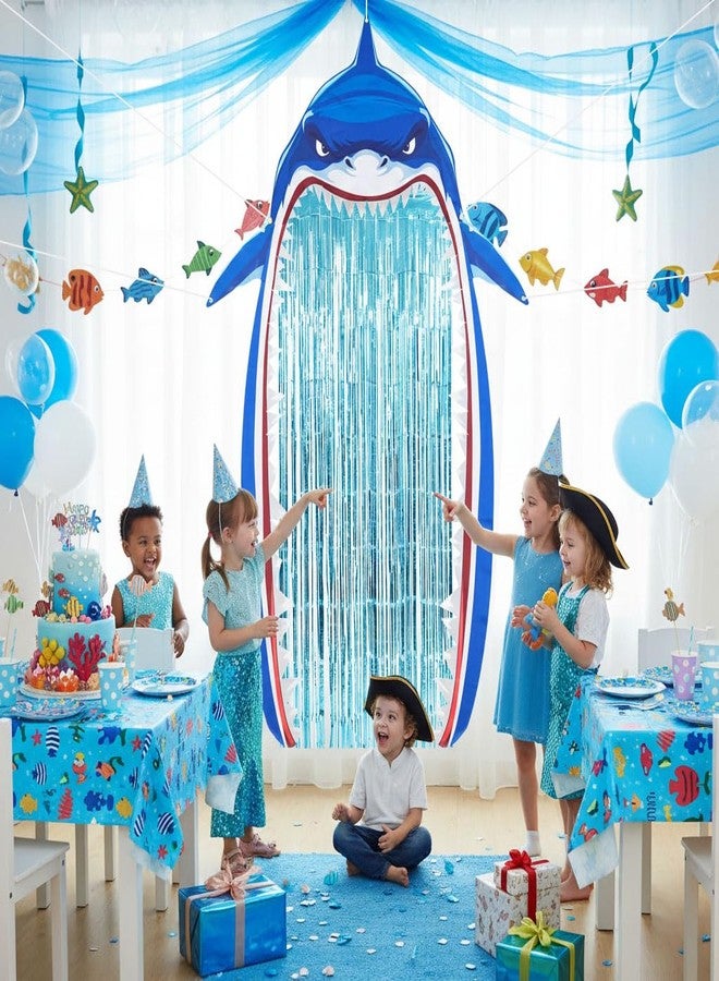 Bafeil Shark Party Door Banner Decorations with Blue Foil Fringe Curtains – Ocean Theme Hanging Wall Decor for Entryway, Photo Backdrop & Event Venue Styling - Image 5