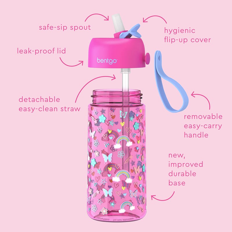 Bentgo Kids Water Bottle - Leak-Proof, Durable Tritan, BPA-Free 15 oz. Cup for Kids/Toddlers Ages 3+ - Flip-Up Straw & Dishwasher Safe for School, Sports, Daycare & Camp (Rainbows & Butterflies) - Image 3