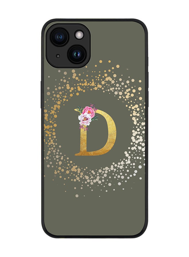 Stylizedd Cover for iPhone 15 Plus Case Rugged BlackSlim Soft Flexible Protective Cover Custom Monogram Initial Letter Floral Pattern Alphabet - D (Olive Green) - Image 1