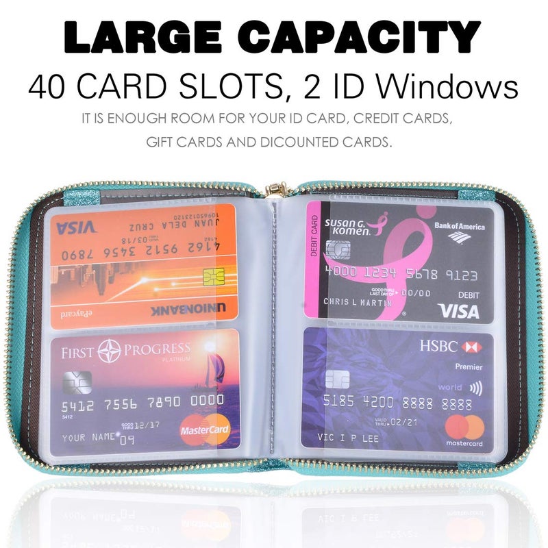 Easyoulife Womens Credit Card Holder Wallet Zip Leather Card Case RFID Blocking (Teal) - Image 3